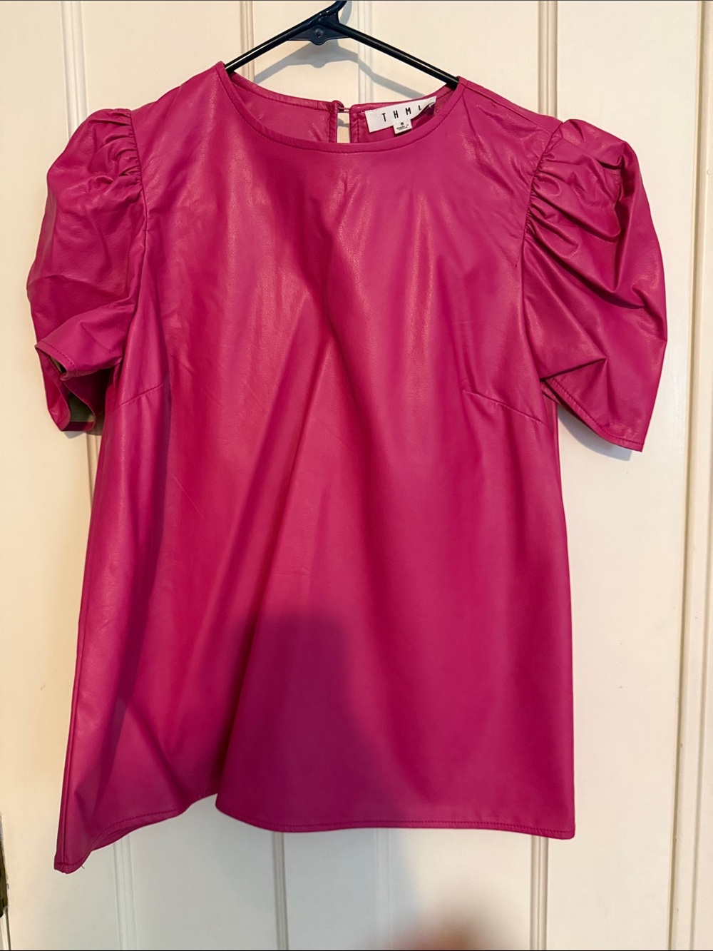 THML Puff Sleeve Faux Leather Top in Fuchsia
